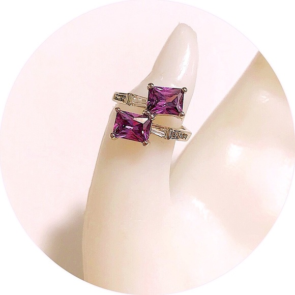 Jewelry - Simulated Amethyst & CZ Baguette 925 Silver Ring